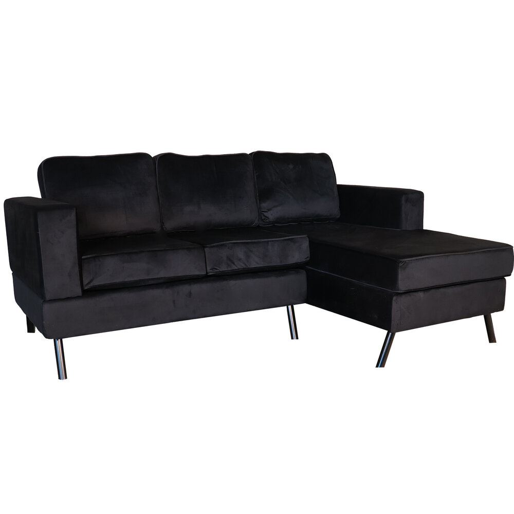 Hoekbank design Venna 200cm bank zwart velvet loungebank zowel links als rechts bankstel