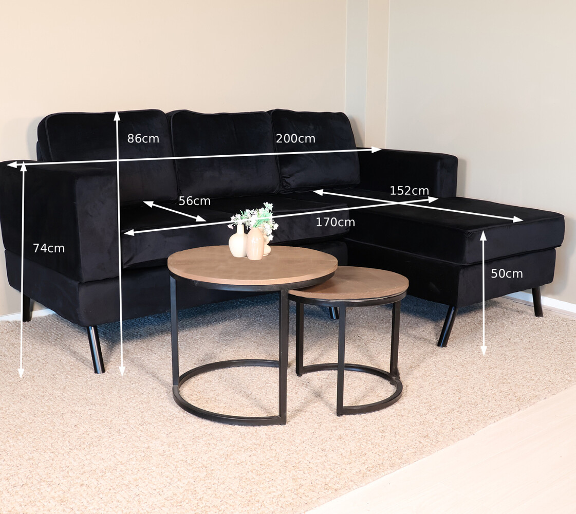 Hoekbank design Venna 200cm bank zwart velvet loungebank zowel links als rechts bankstel