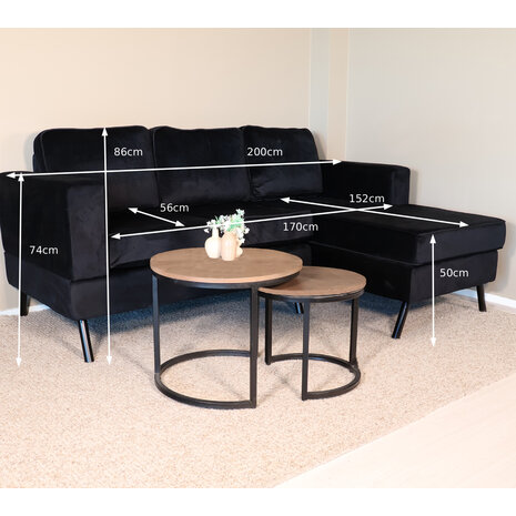 Lizzely Garden & Living Hoekbank design Venna 200cm bank zwart velvet loungebank zowel links als rechts bankstel
