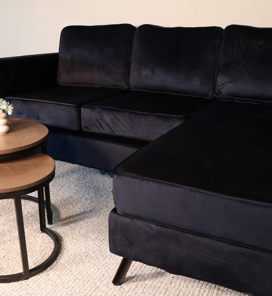 Hoekbank design Venna 200cm bank zwart velvet loungebank zowel links als rechts bankstel