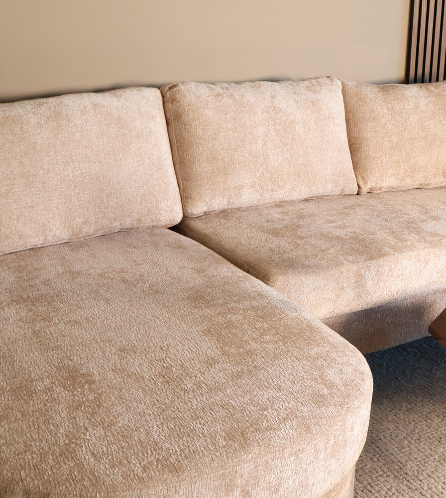 Hoekbank design Nox 250cm bank beige chenille bankstel links loungebank
