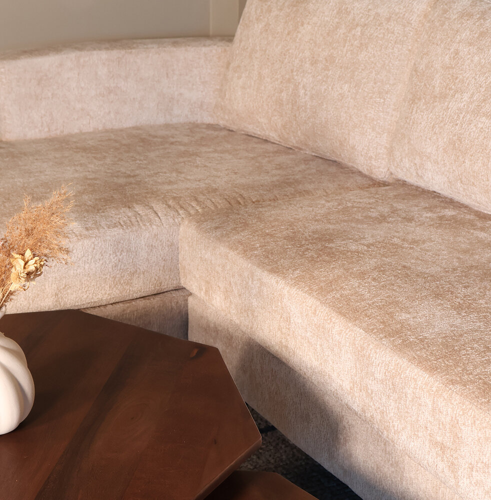 Hoekbank design Nox 250cm bank beige chenille bankstel links loungebank