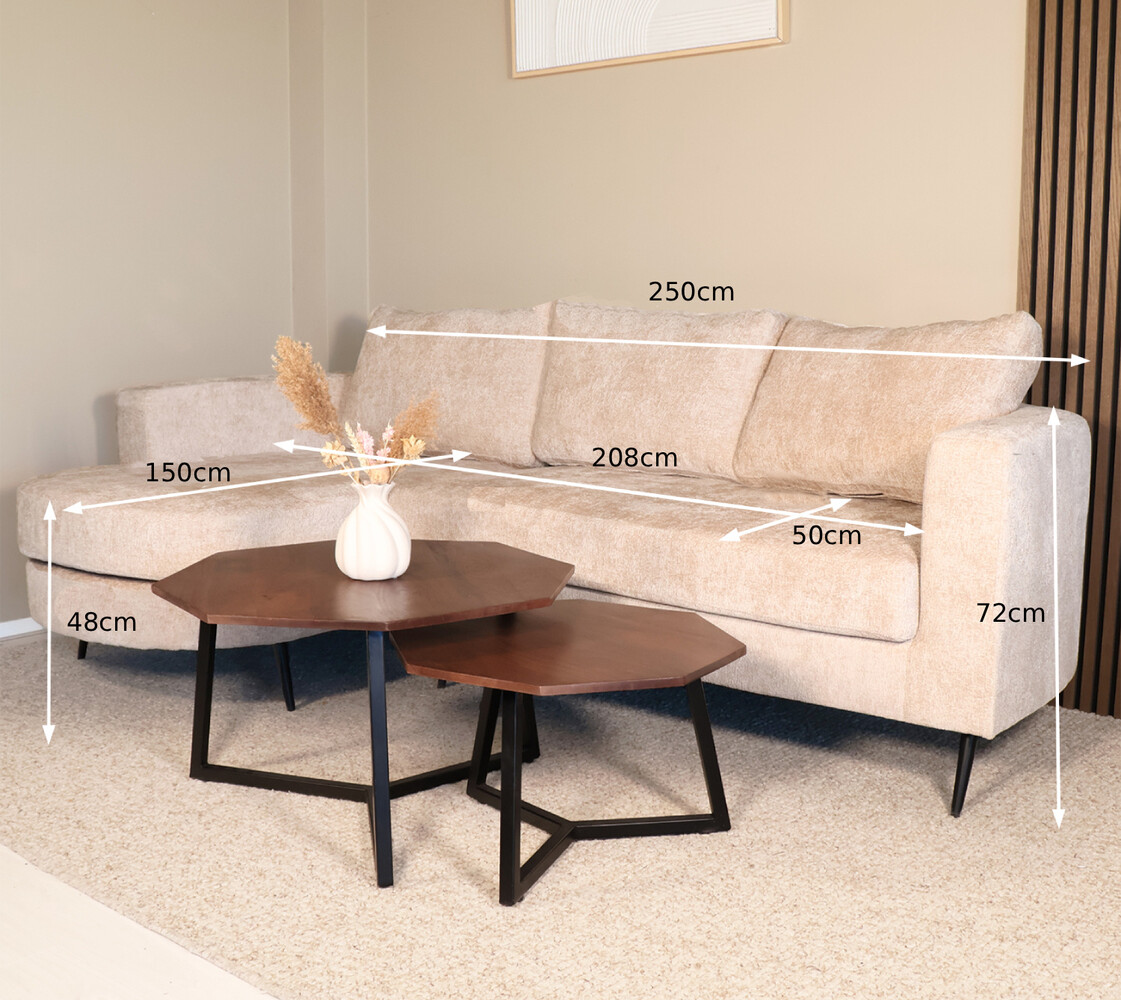 Hoekbank design Nox 250cm bank beige chenille bankstel links loungebank