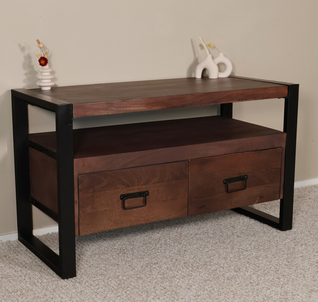 TV meubel industrieel mangohout Ilse 100cm walnoot bruin tv kast duurzaam mango massief hout tv-meubel