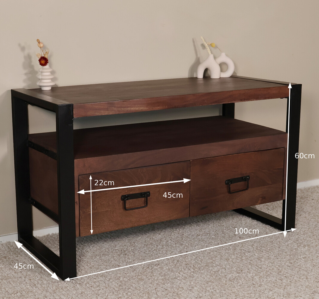 TV meubel industrieel mangohout Ilse 100cm walnoot bruin tv kast duurzaam mango massief hout tv-meubel