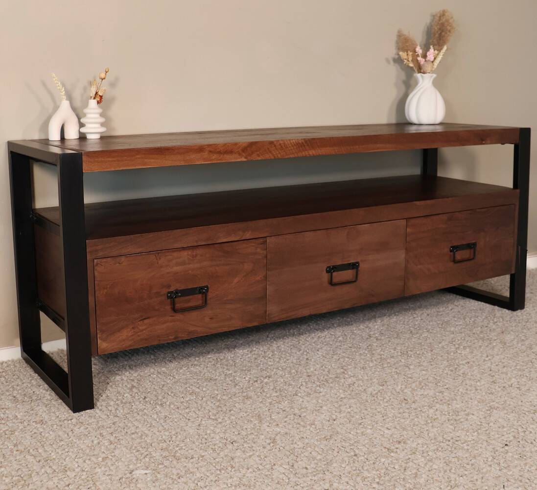 TV meubel industrieel mangohout Ilse 150cm walnoot bruin tv kast duurzaam mango massief hout tv-meubel