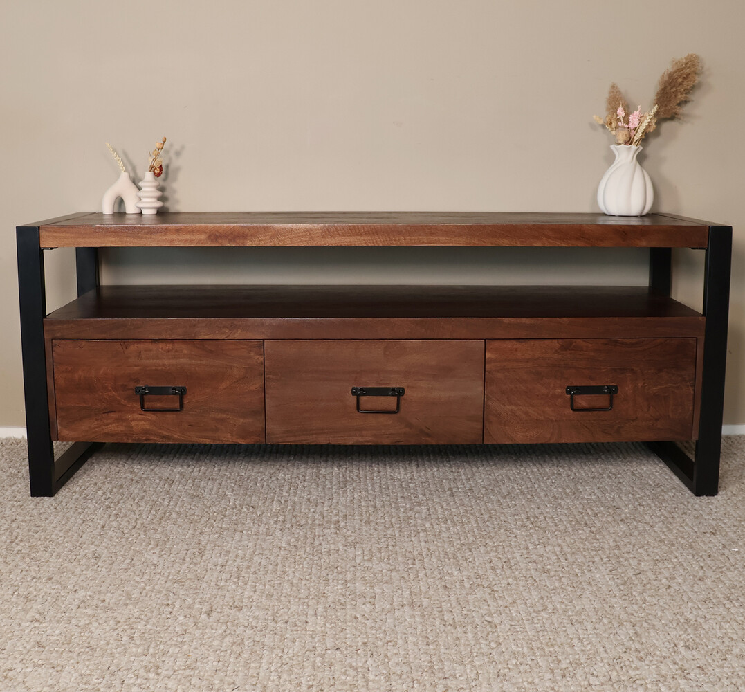 TV meubel industrieel mangohout Ilse 150cm walnoot bruin tv kast duurzaam mango massief hout tv-meubel