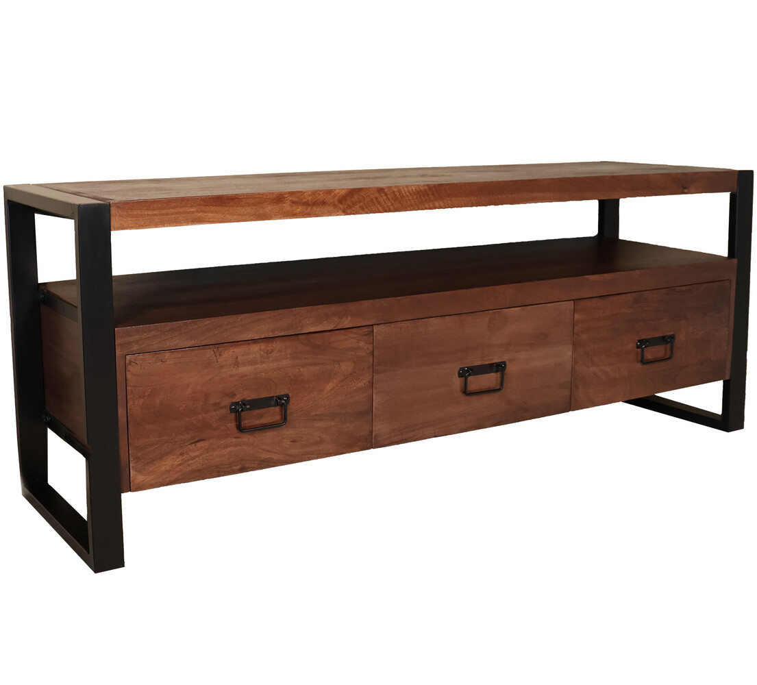 TV meubel industrieel mangohout Ilse 150cm walnoot bruin tv kast duurzaam mango massief hout tv-meubel