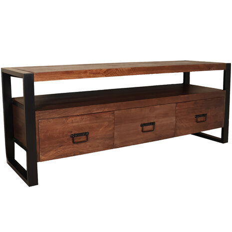 Lizzely Garden & Living TV meubel industrieel mangohout Ilse 150cm walnoot bruin tv kast duurzaam mango massief hout tv-meubel