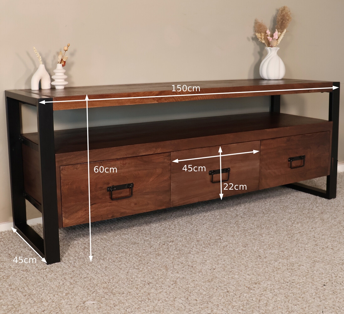 TV meubel industrieel mangohout Ilse 150cm walnoot bruin tv kast duurzaam mango massief hout tv-meubel