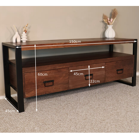 Lizzely Garden & Living TV meubel industrieel mangohout Ilse 150cm walnoot bruin tv kast duurzaam mango massief hout tv-meubel