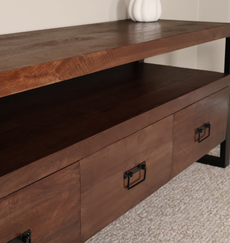 TV meubel industrieel mangohout Ilse 150cm walnoot bruin tv kast duurzaam mango massief hout tv-meubel