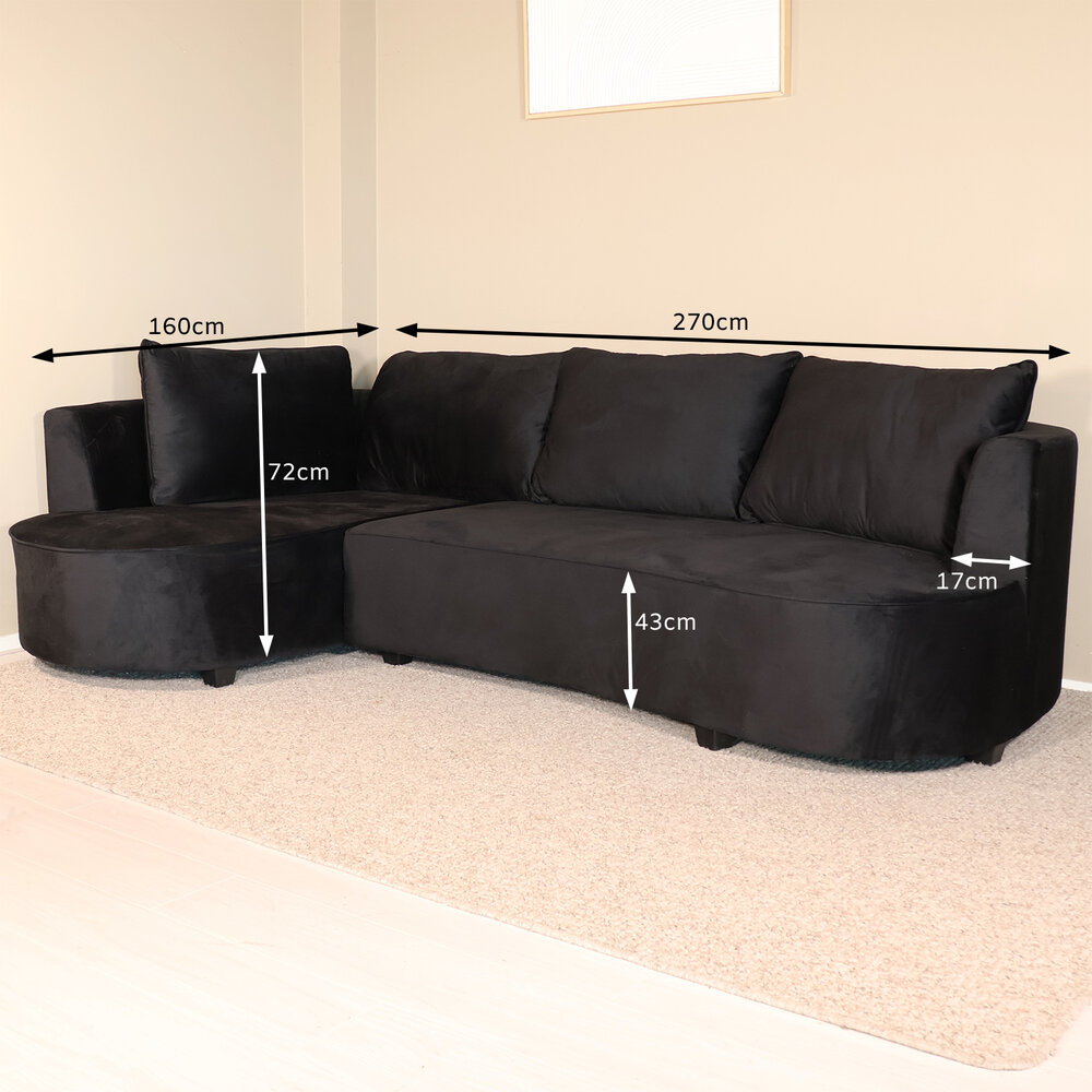Hoekbank Lando 270cm bank zwart velvet bankstel links loungebank