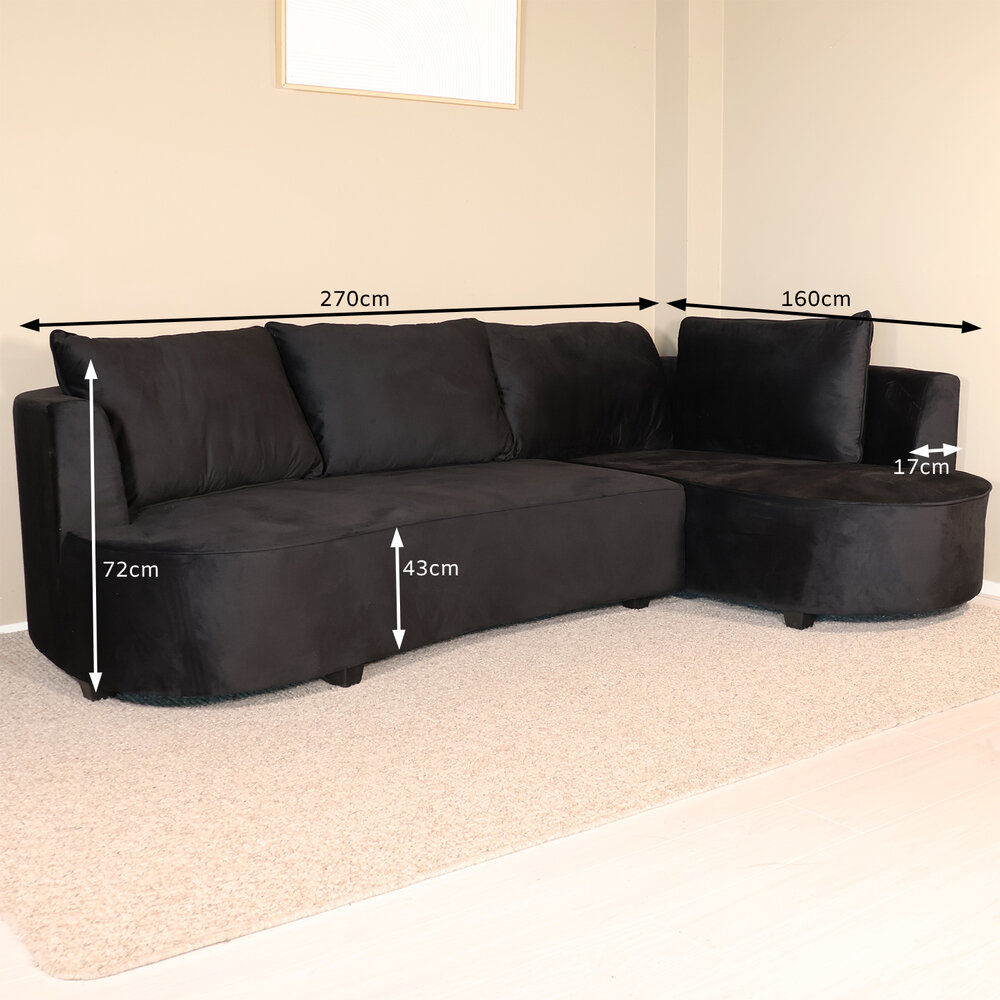 Hoekbank Lando 270cm bank zwart velvet bankstel rechts loungebank
