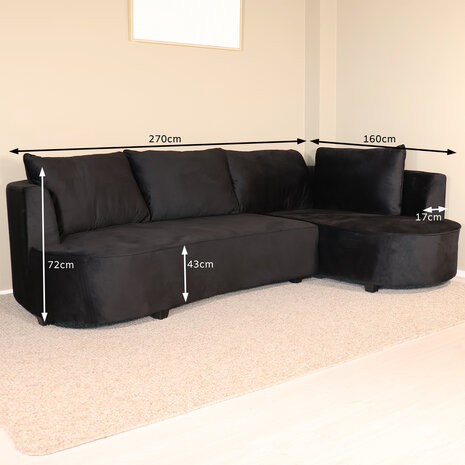 Lizzely Garden & Living Hoekbank Lando 270cm bank zwart velvet bankstel rechts loungebank