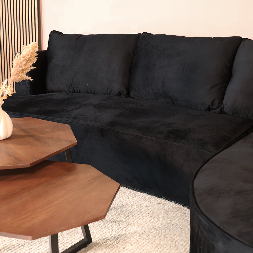 Hoekbank Lando 270cm bank zwart velvet bankstel rechts loungebank