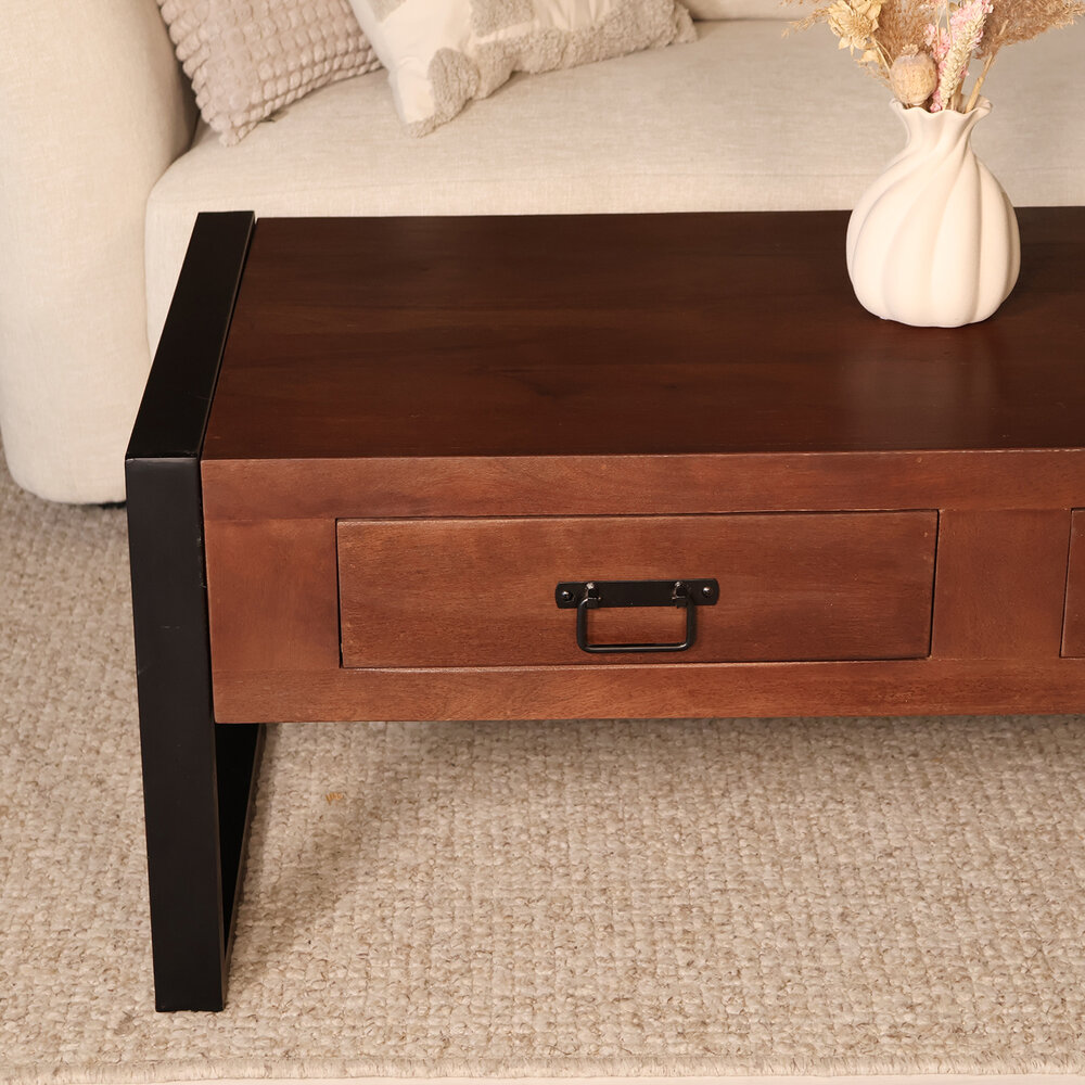 Salontafel rechthoekig met lades walnoot bruin mangohout 120cm Kai