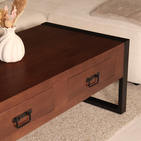 Lizzely Garden & Living Salontafel rechthoekig met lades walnoot bruin mangohout 120cm Kai