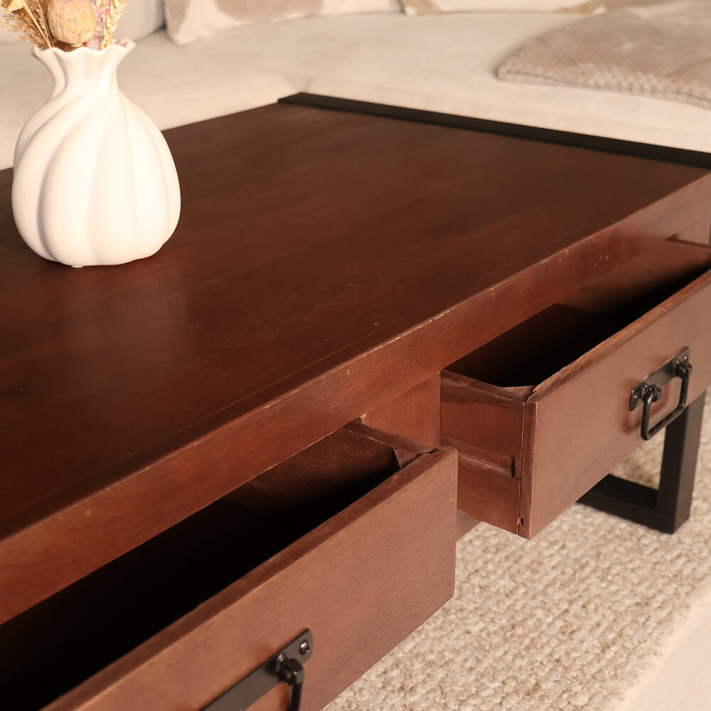 Salontafel rechthoekig met lades walnoot bruin mangohout 120cm Kai