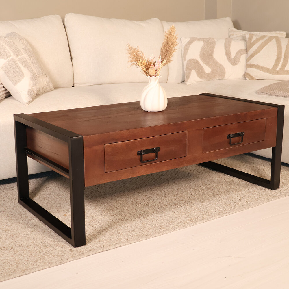 Salontafel rechthoekig met lades walnoot bruin mangohout 120cm Kai
