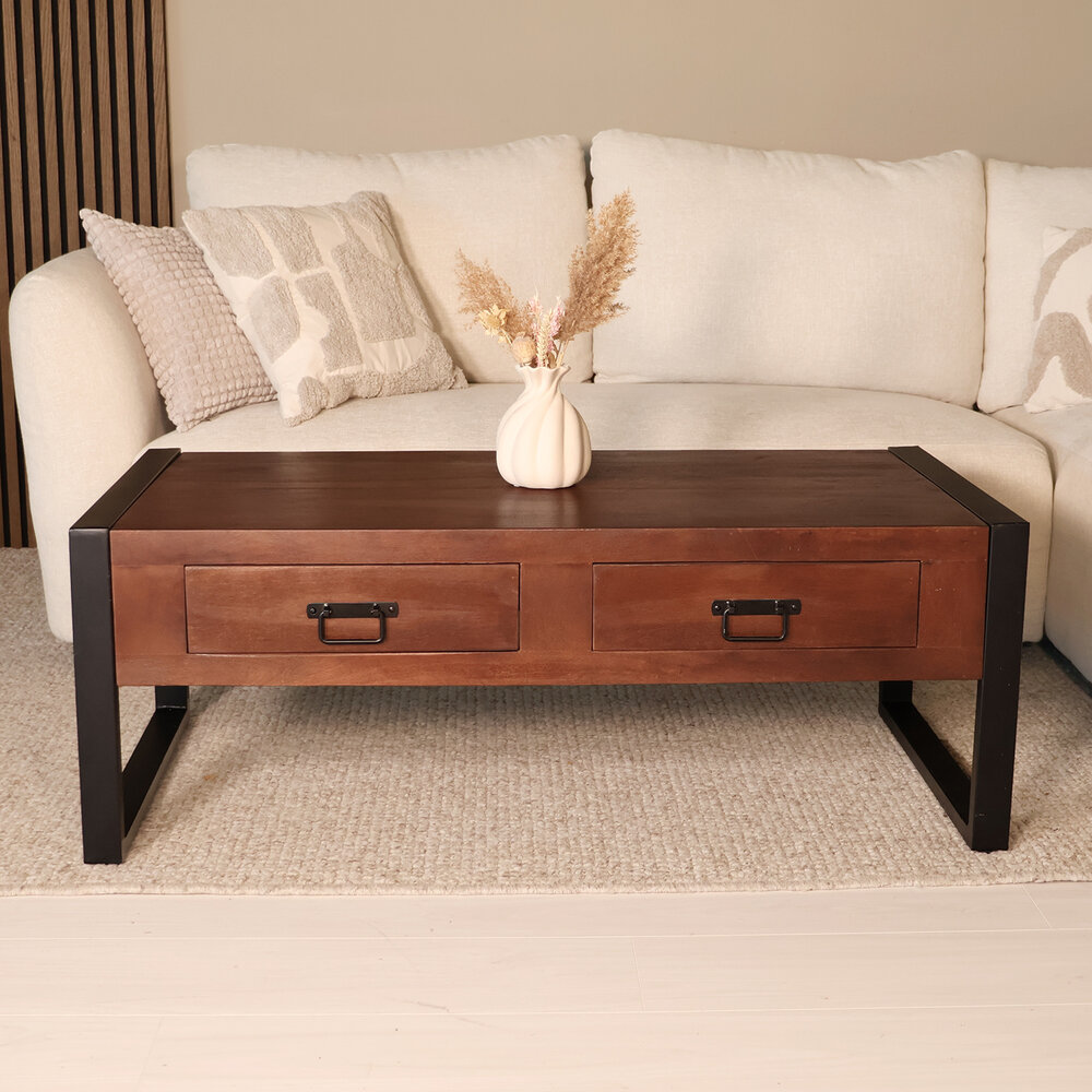 Salontafel rechthoekig met lades walnoot bruin mangohout 120cm Kai