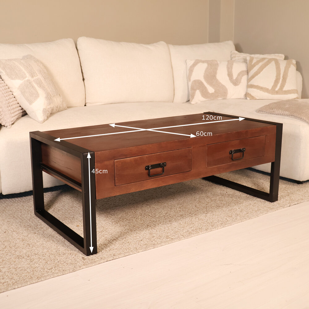 Salontafel rechthoekig met lades walnoot bruin mangohout 120cm Kai