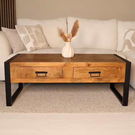 Lizzely Garden & Living Salontafel mangohout Kai met lades 120cm industrieel duurzaam massief hout mango Lizzely Garden & Living Salontafel mangohout Kai met lades 120cm industrieel duurzaam massief hout mango
