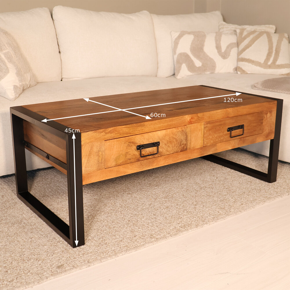 Salontafel mangohout Kai met lades 120cm industrieel duurzaam massief hout mango Salontafel mangohout Kai met lades 120cm industrieel duurzaam massief hout mango