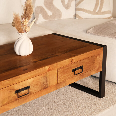 Lizzely Garden & Living Salontafel mangohout Kai met lades 120cm industrieel duurzaam massief hout mango Lizzely Garden & Living Salontafel mangohout Kai met lades 120cm industrieel duurzaam massief hout mango