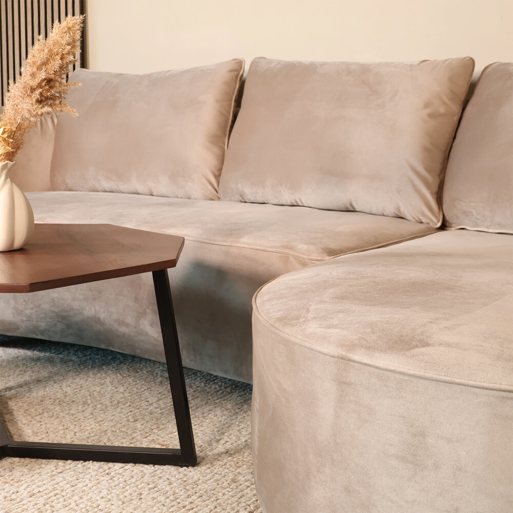 Hoekbank Lando 270cm bank taupe velvet bankstel rechts loungebank