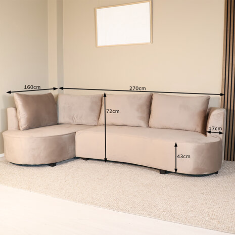Lizzely Garden & Living Hoekbank Lando 270cm bank taupe velvet bankstel links loungebank