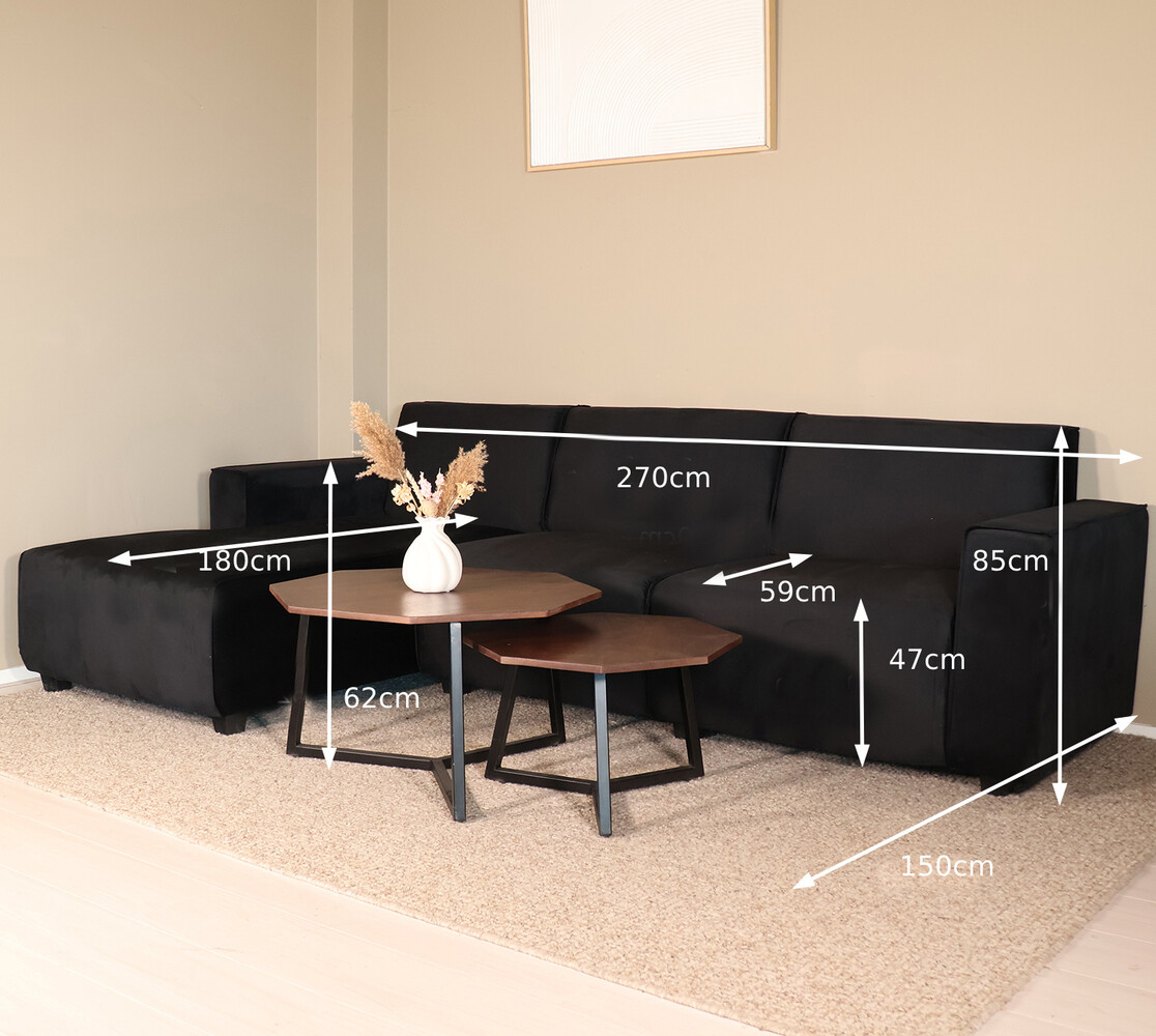 Hoekbank design Riley 270cm bank zwart velvet loungebank links