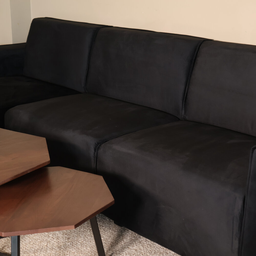 Hoekbank design Riley 270cm bank zwart velvet loungebank links