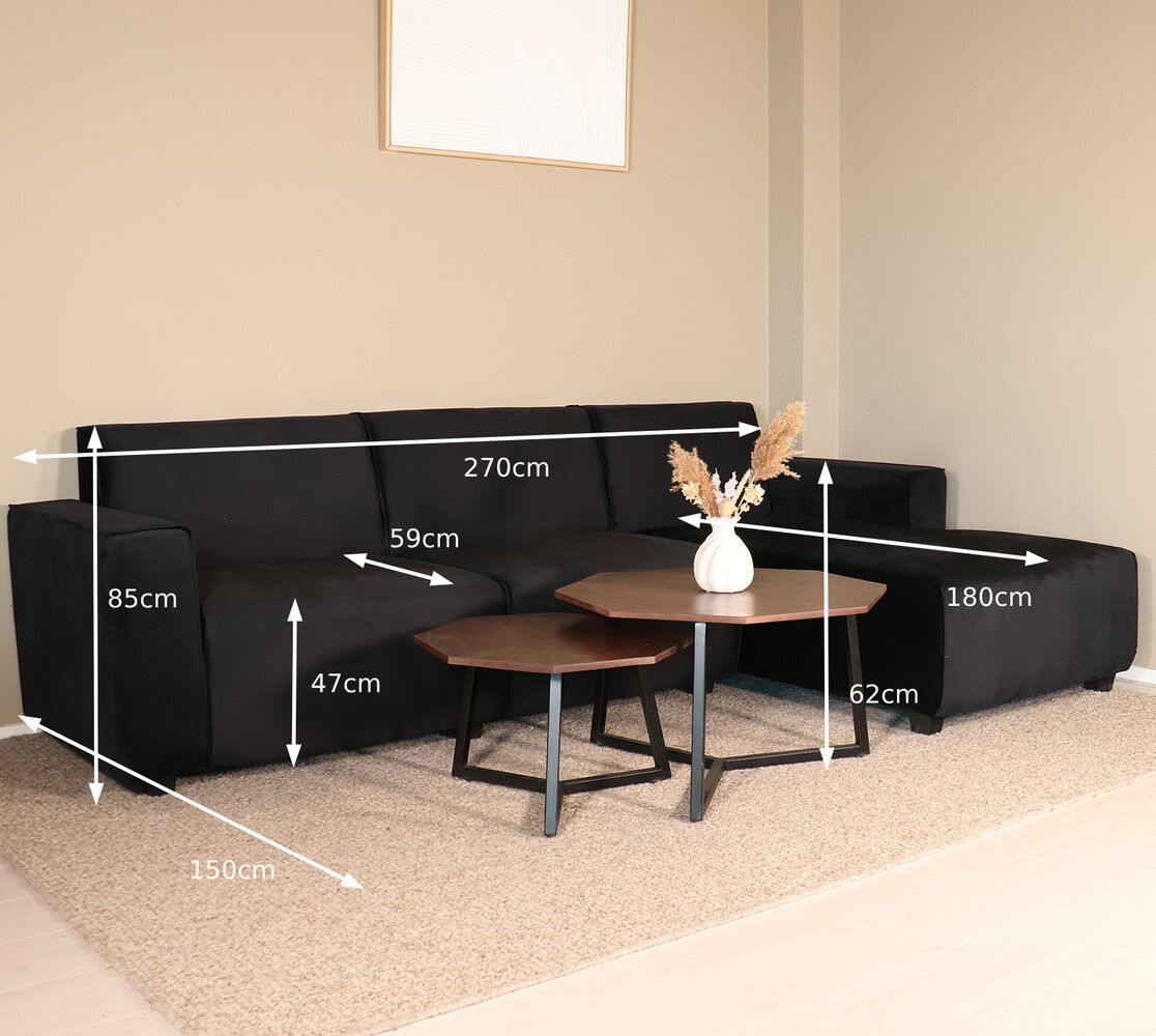Hoekbank design Riley 270cm bank zwart velvet loungebank rechts