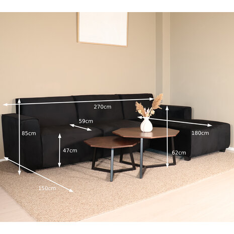 Lizzely Garden & Living Hoekbank design Riley 270cm bank zwart velvet loungebank rechts