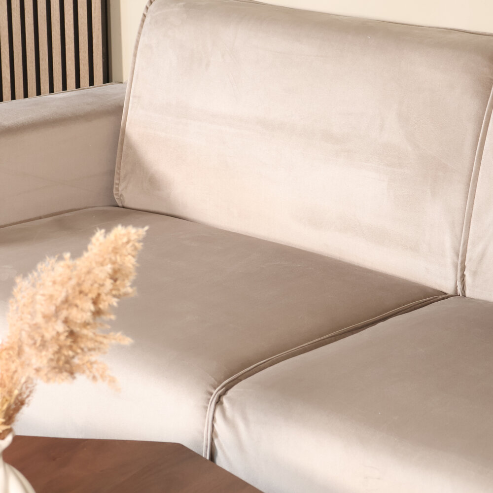 Hoekbank design Riley 270cm bank champagne velvet loungebank rechts