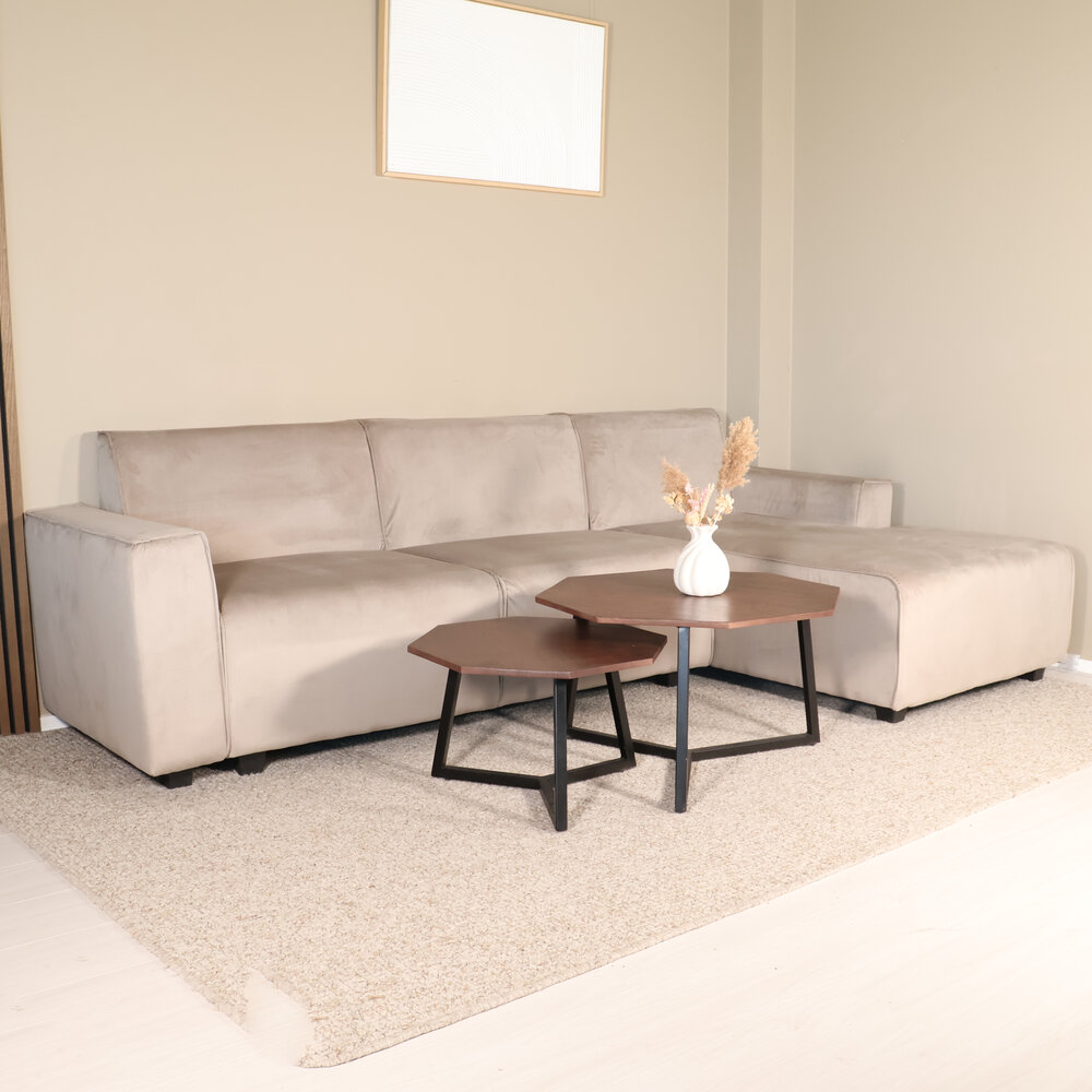 Hoekbank design Riley 270cm bank champagne velvet loungebank rechts
