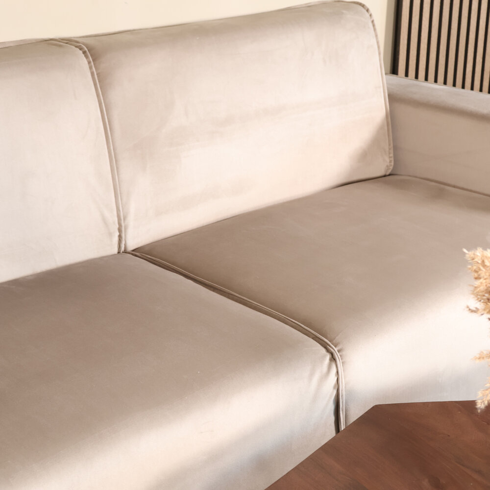 Hoekbank design Riley 270cm bank champagne velvet loungebank links