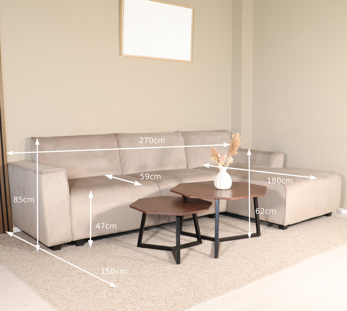 Hoekbank design Riley 270cm bank champagne velvet loungebank rechts