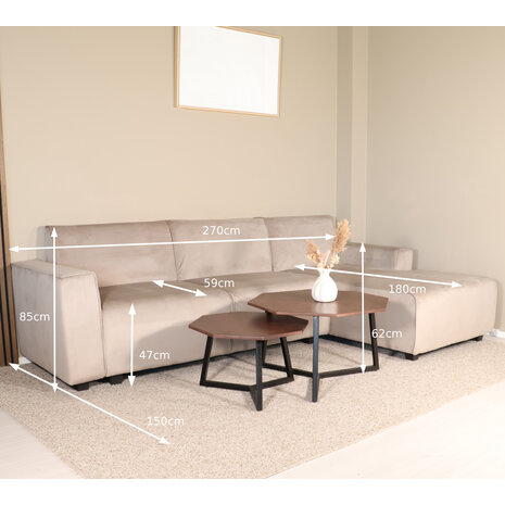 Lizzely Garden & Living Hoekbank design Riley 270cm bank champagne velvet loungebank rechts