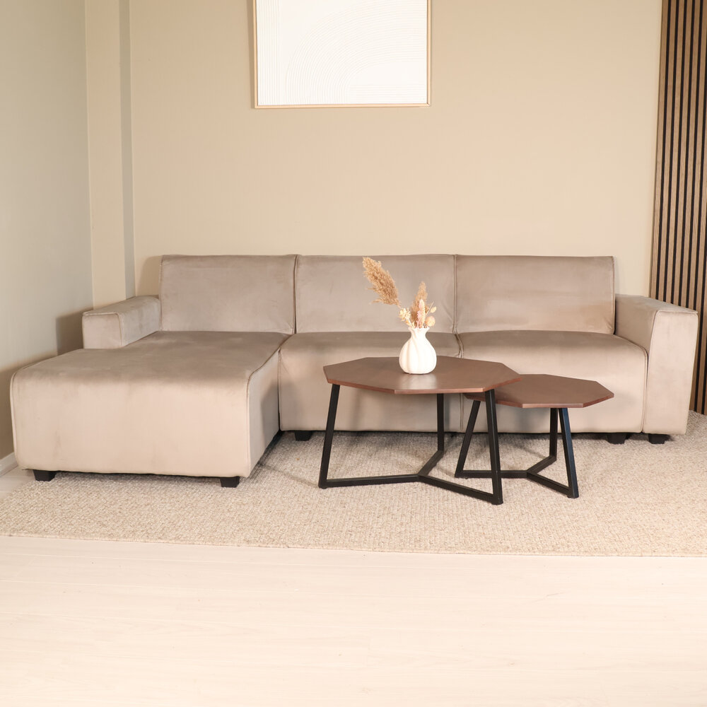 Hoekbank design Riley 270cm bank champagne velvet loungebank links