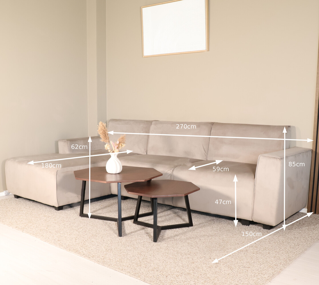 Hoekbank design Riley 270cm bank champagne velvet loungebank links