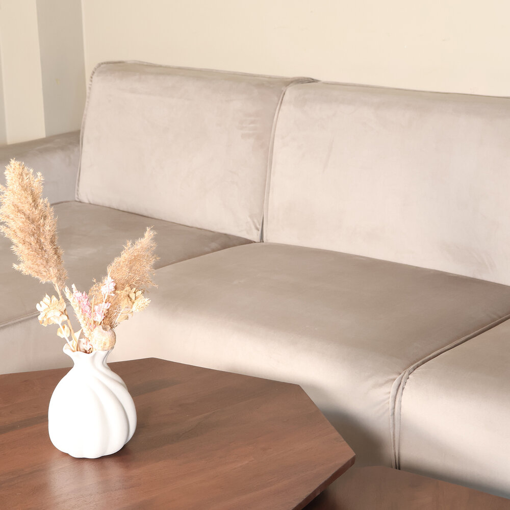 Hoekbank design Riley 270cm bank champagne velvet loungebank links