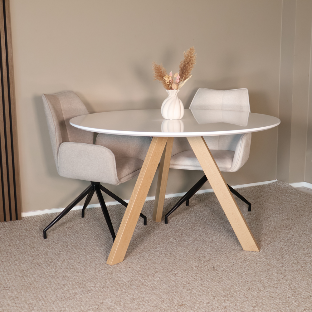 Eettafel rond Ronsi wit met beige poten 120cm ronde tafel