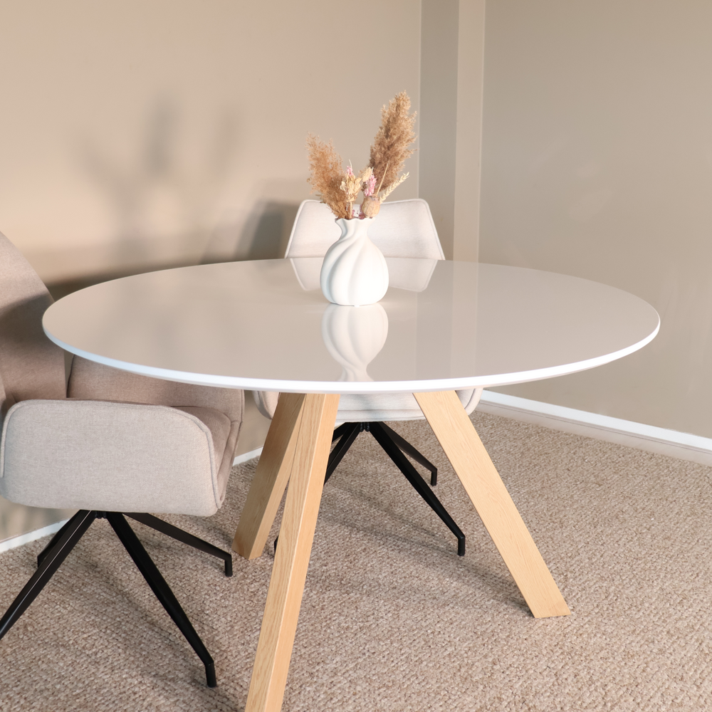 Eettafel rond Ronsi wit met beige poten 120cm ronde tafel