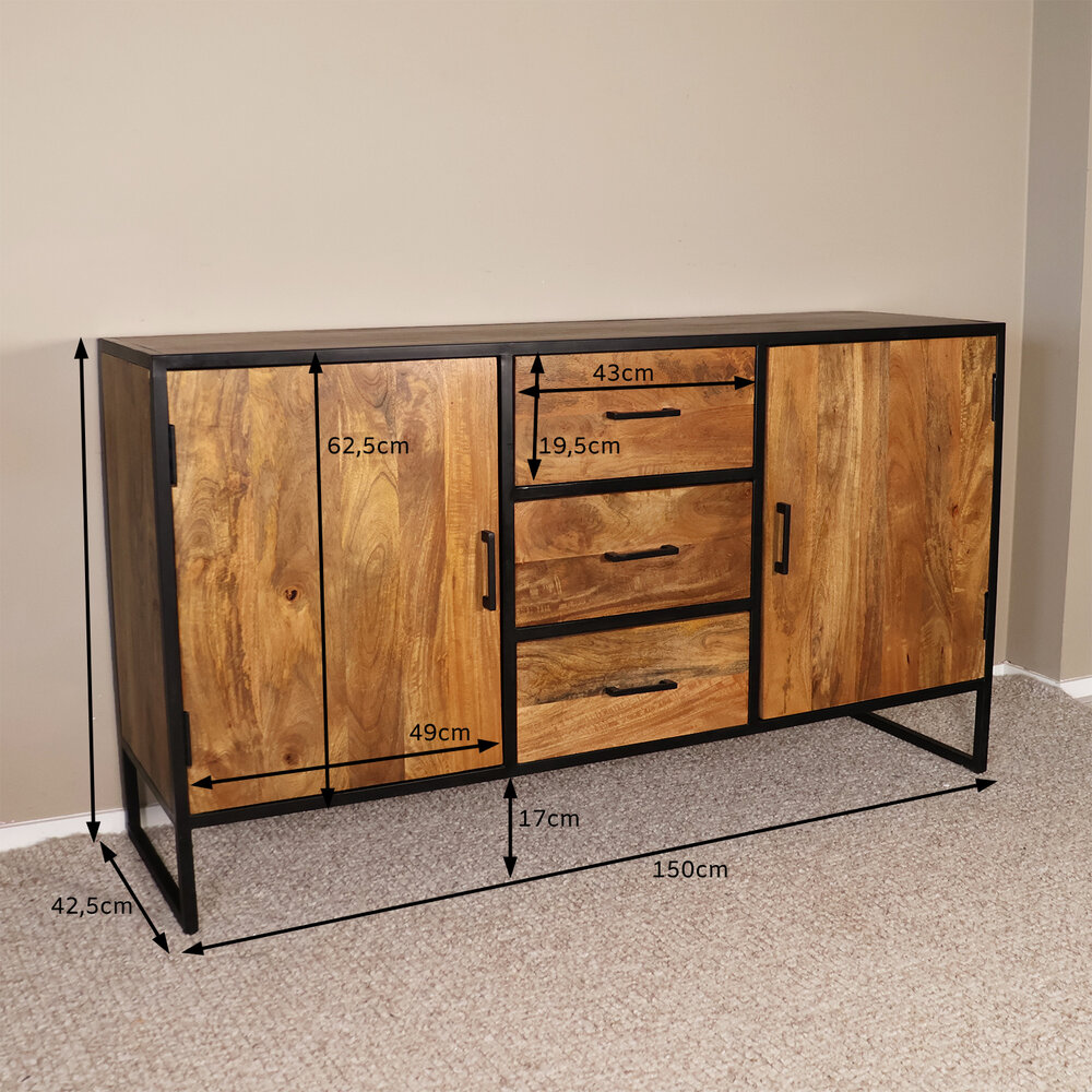 Dressoir mangohout Daan ladekast industrieel 150cm duurzaam mango kast Dressoir mangohout Daan ladekast industrieel 150cm duurzaam mango kast