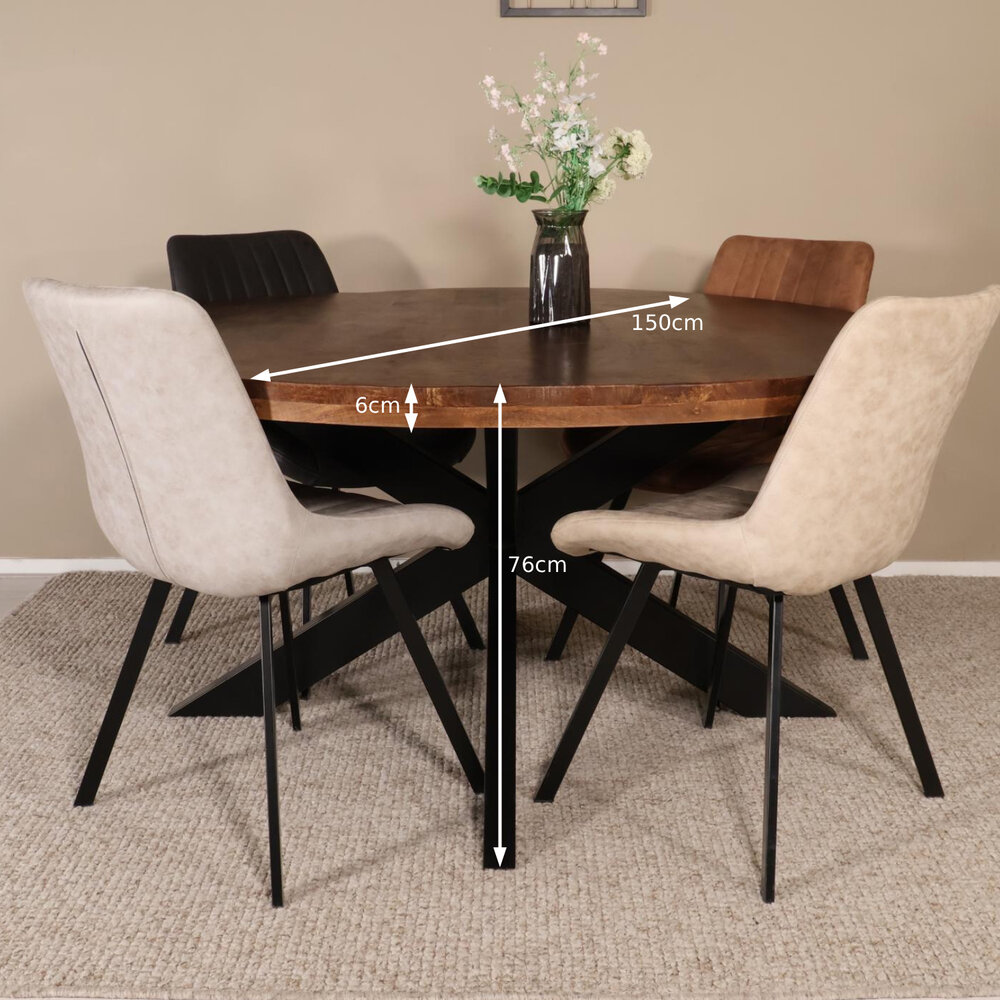Eettafel rond mangohout 150cm Jones bruin ronde industriële tafel duurzaam mango eetkamertafel