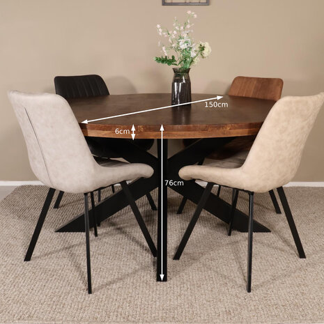 Lizzely Garden & Living Eettafel rond mangohout 150cm Jones bruin ronde industriële tafel duurzaam mango eetkamertafel
