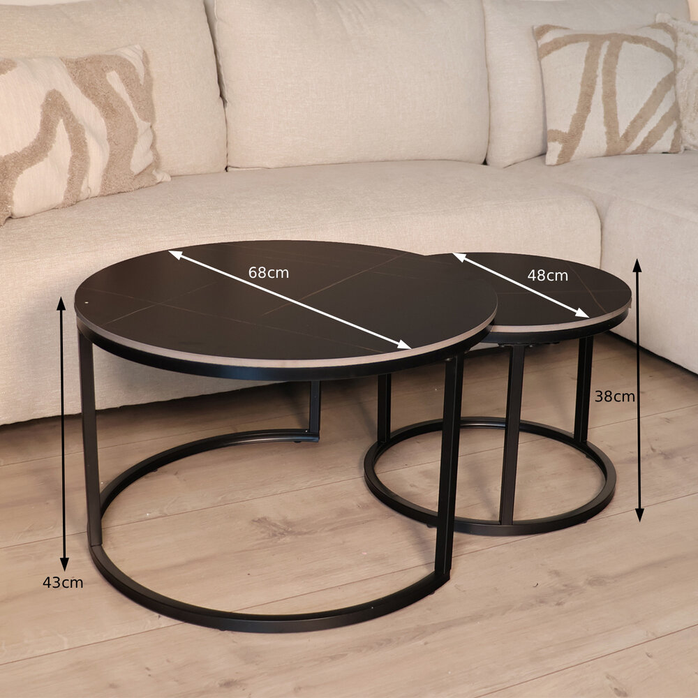Salontafel rond 2delig marmerlook Bero zwart side table steen bijzettafel Salontafel rond 2delig marmerlook Bero zwart side table steen bijzettafel