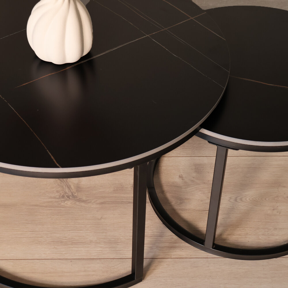 Salontafel rond 2delig marmerlook Bero zwart side table steen bijzettafel Salontafel rond 2delig marmerlook Bero zwart side table steen bijzettafel